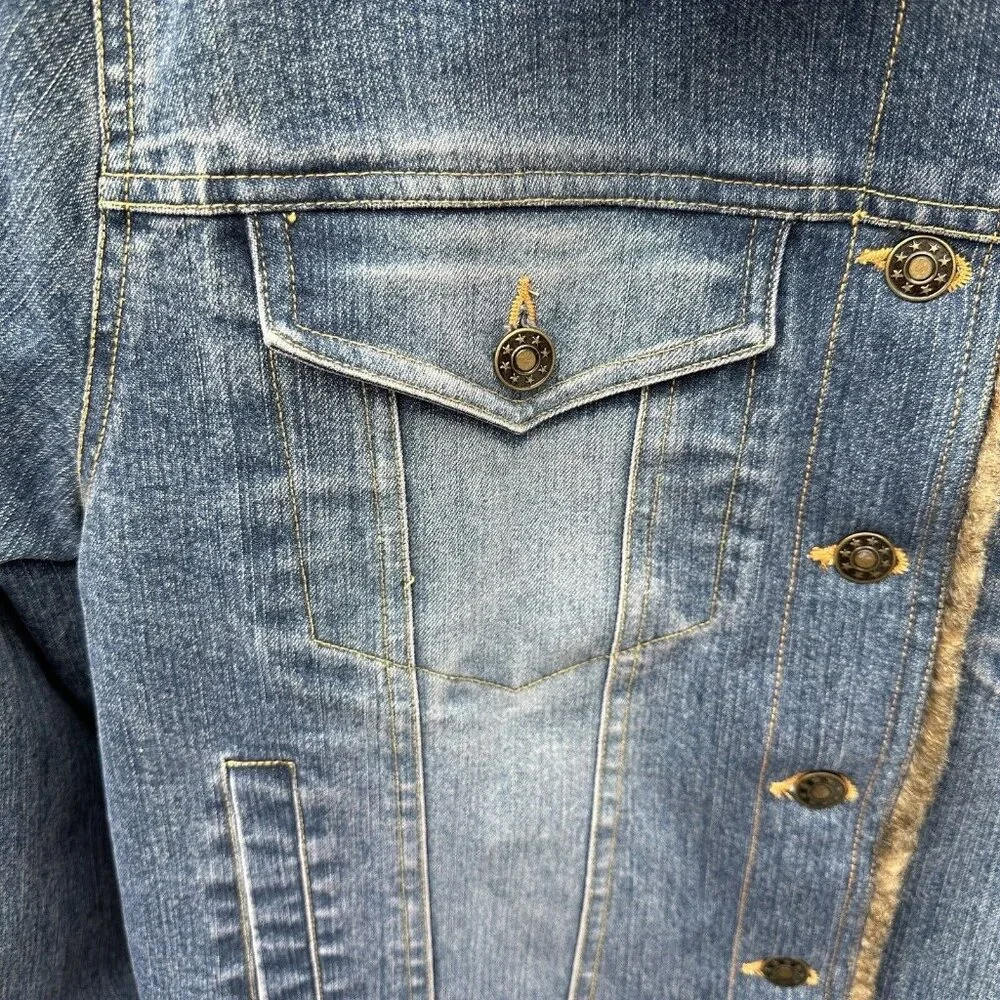 Vintage Marvin Richards Blue Denim Jean Jacket Faux Fur Lined Sz Medium 90s Y2K - Picture 4 of 14